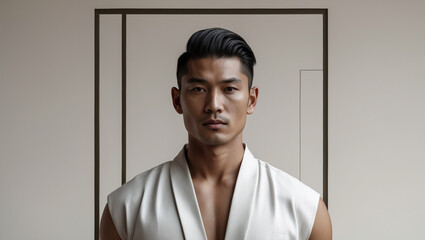 Obraz premium Minimalist Portrait of Balinese Man in Traditional Clothing on Neutral Background