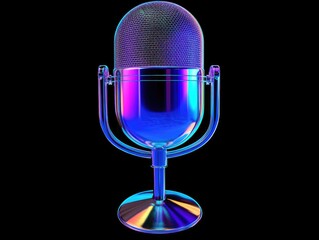 Iridescent retro microphone on a black background, exhibiting vibrant blue, pink, and purple hues