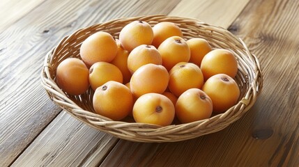 A wicker basket brimming with ripe, orange-hued fruits sits on a rustic wooden surface