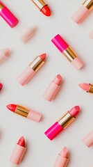 Scattered pink and red lipsticks on a white background, arranged in a visually appealing pattern