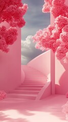 Fototapeta premium Dreamy ascent through pastel pink architecture framed by blossoming trees and cloudy sky