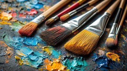 Fototapeta premium Paintbrushes on a colorful palette, studio art supplies