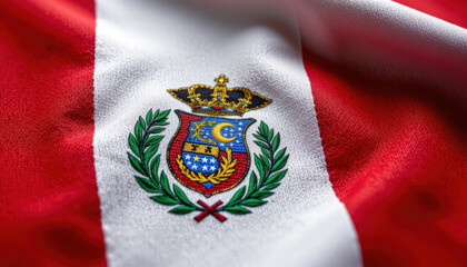 Image features closeup of flag with prominent emblem, showcasing vibrant colors and intricate details. design includes crown, laurel wreath, and various symbols, representing national pride
