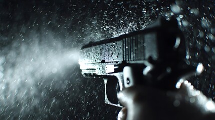 A close-up image of a handgun being fired in the rain, with water droplets and mist surrounding it, creating a dramatic and intense atmosphere.