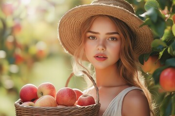 Smiling Girl Enjoying Fruit Picking on a Sunny Day in a Vibrant Orchard. Apple Picking Adventure with Wholesome Harvest in a Rural Setting