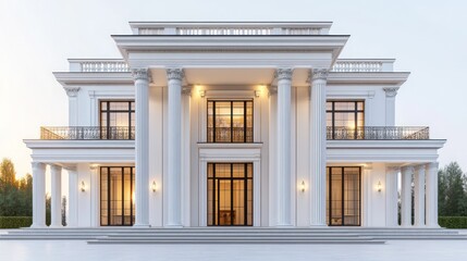 Fototapeta premium Classic white mansion facade at sunset. Exterior view. Potential use Architecture, real estate, interior design, marketing materials