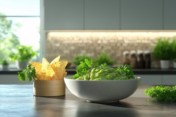 Healthy Mexican Cuisine. Colorful Guacamole, Crispy Chips & Fresh Salad in Modern Kitchen for Party Snack & Meal Prep