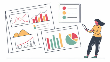 Businesswoman analyzing data on digital reports, colorful graphs and charts, showcasing modern analytics and professional insights in a vector illustration