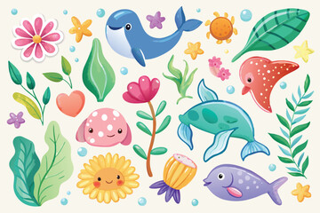 Obraz premium Cute Watercolor Sea Animals and Plants Illustration for Kids Design