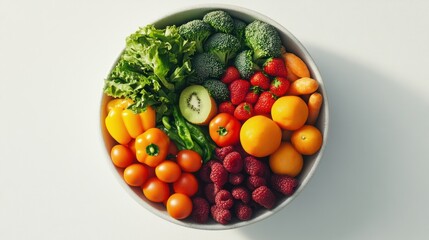 Colorful fruit and vegetable bowl, healthy food display, top view