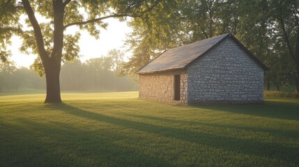 Fototapeta premium Sunlit stone outbuilding in a verdant field, bathed in morning mist, beside a large tree casting long shadows