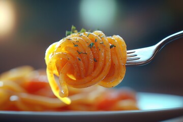 Delicious Homemade Spaghetti with Basil and Orange Sauce. Authentic Italian Cuisine Served on Elegant Table Setting