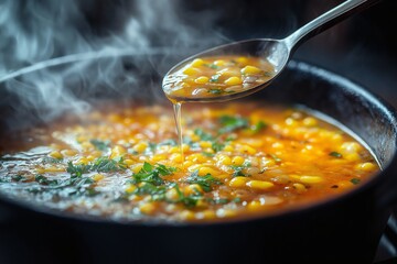 Steaming Hot Homemade Vegetable Stew with Corn and Herbs. A Deliciously Satisfying and Aromatic Comfort Meal