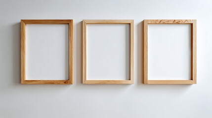 Three light wood picture frames hanging on a white wall in a horizontal arrangement with blank space