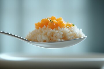 Elegant Orange Rice Dish with Spoon - Close-up of Fresh, Healthy, Delicious Meal - Studio Photography
