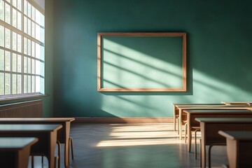 Modern Education Classroom with Natural Light and Green Walls - Spacious School Interior for Creative Learning