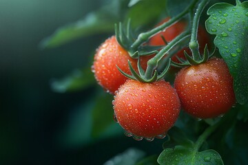 Organic Homegrown Tomatoes on the Vine. Fresh, Red, and Green Vegetables with Drops of Water in Close-Up Photography
