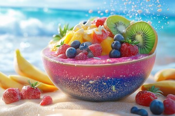 Tropical Fruit Smoothie Bowl on a Beach. Fresh Summer Snack with Kiwi, Banana, and Mango Berries