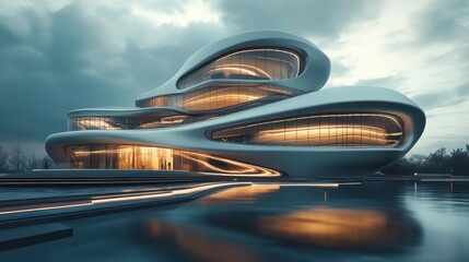 Obraz premium Futuristic architectural building at dusk by a lake. Possible stock photo use showcasing modern architecture