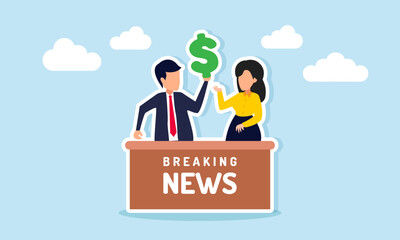 Businessman and businesswoman reading news while holding a dollar sign illustration of sharing information about business financial management inspiration