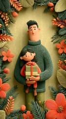A cheerful animated character holding a gift box surrounded by vibrant flowers and leaves in a festive setting