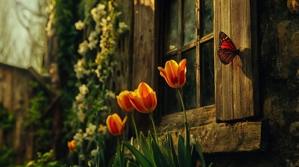 Rustic charm with vibrant tulips and butterfly
