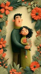 A heartwarming illustration of a father holding his daughter surrounded by vibrant orange and green flowers, symbolizing love and family bond.