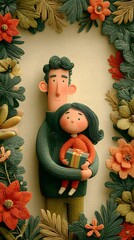 A heartwarming illustration of a man and a child sharing a moment of joy surrounded by vibrant flowers and leaves