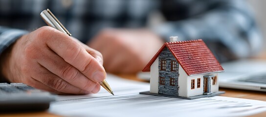 A person signing a document with a pen next to a small model house, representing the concept of buying or renting a home.