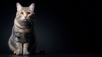 A gray tabby cat with striking yellow eyes sits calmly on a dark background, its fur patterned with distinctive stripes and swirls.