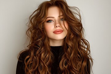 A beautiful woman with long, wavy brown hair posing against a neutral background