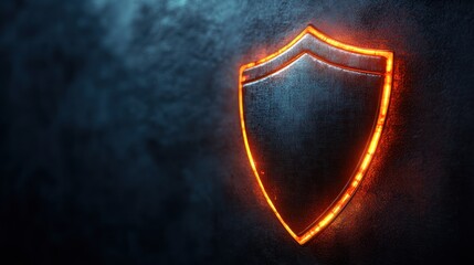 Fototapeta premium Glowing metal shield on dark textured wall. Possible use Stock photo for security, protection, or technology concepts