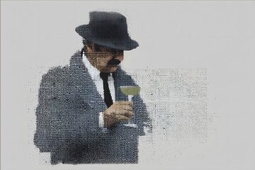 A pixelated image of a man wearing a black hat and suit, holding a glass of wine, with a mustache and serious expression.