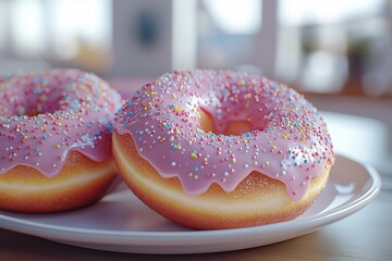 Delicious Pink Iced Donut with Sprinkles. Tempting Sweet Treats for Your Morning Snack or Dessert Table