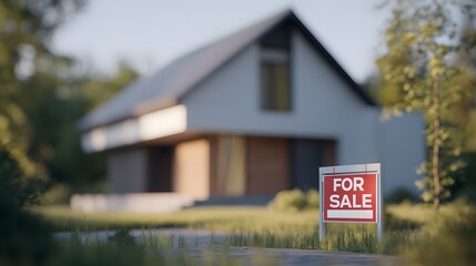 Modern house with a for sale sign in the foreground surrounded by greenery and trees on a sunny day