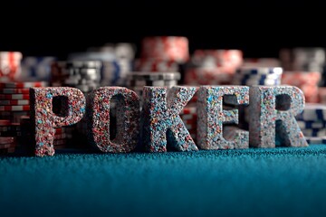 The word POKER in colorful, textured letters sits prominently on a blue surface with stacks of poker chips blurred in the background.