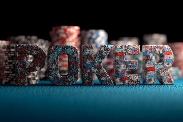 The word POKER spelled out in colorful poker chips on a blue felt surface with stacks of chips in the background