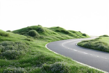 Scenic Curved Road in Rolling Green Hills. Perfect Pathway for Outdoor Adventure and Exploration
