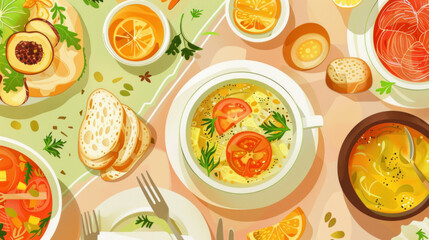 Colorful table setting with soups and bread illustration