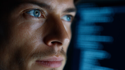 Security Engineer Inspecting Code Behind Digital Firewall Symbol