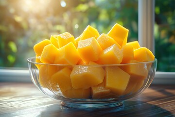 Refreshing Mango Cubes in Glass Bowl. A Tropical, Nutrient-Rich Summer Snack