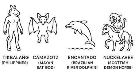 Obscure Mythical Creatures Icons – Black and White Fantasy Vector Set