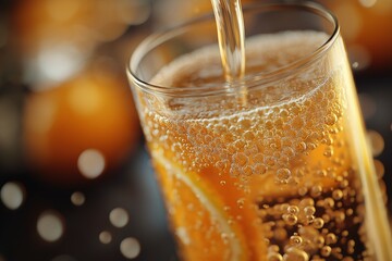 Golden Fizzy Orange Soda. Refreshing Summer Beverage with Sparkling Bubbles and Sweet Vibrancy