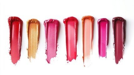 Seven lipsticks composition isolated on white background.