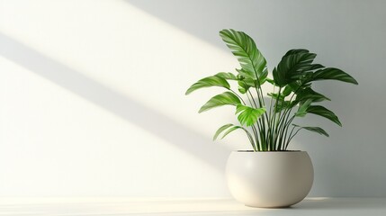 Minimalist indoor plant in a pot, bright sunlight, clean room