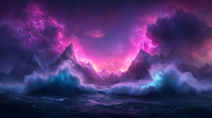 Fototapeta premium Stormy Arctic shoreline at twilight with jagged mountains under a captivating sky filled with vibrant colors