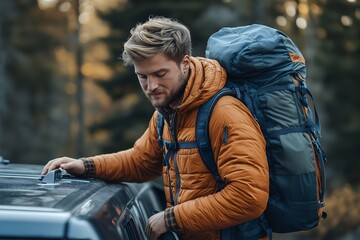 Mountain Hiking Adventure. Exploring the Wilderness with Backpacking Gear under Autumn Sunlight