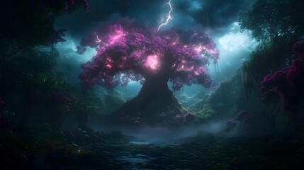 Stormy rainforest illuminated by lightning showcasing vibrant, magical tree in the heart of nature's fury