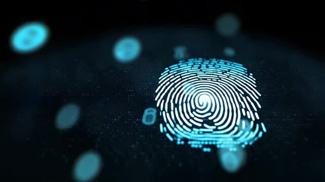 Abstract digital fingerprint on a dark background with glowing particles and binary code elements