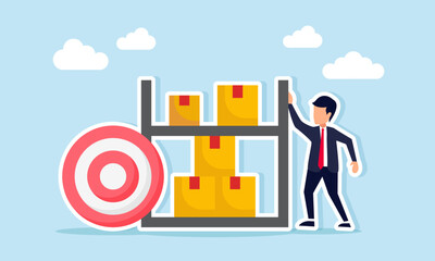 Businessman standing next to target board and package box shelf illustration of logistics business target